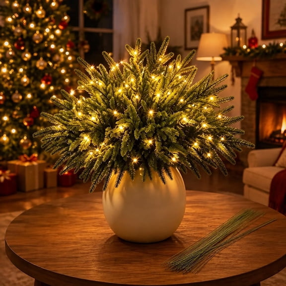 Twinkling Enchanted Evergreen Pine Tree with Lights, 5/10 Pack Lighted Artificial Pine Branches, Enchanted Evergreen Pine Decor for Christmas, Winter, Tabletop, Mantel and Vase