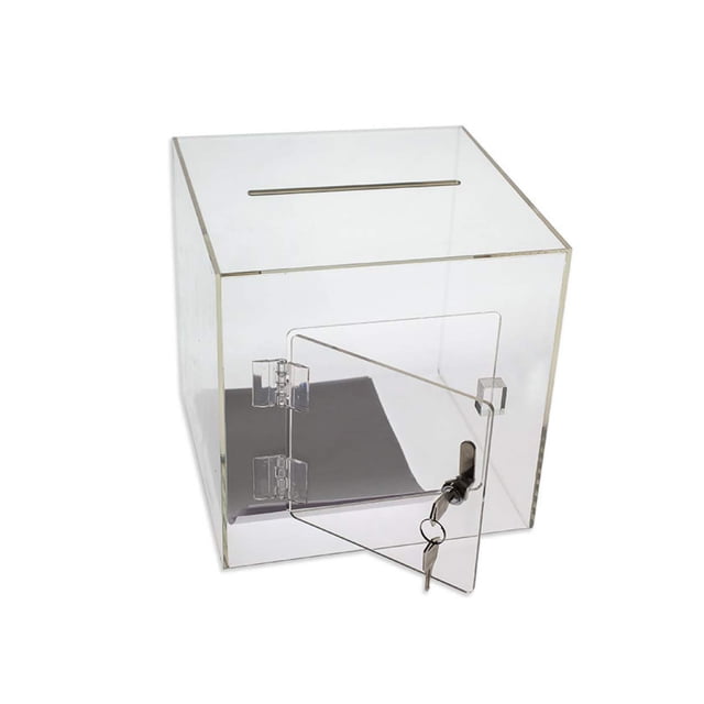 Source One Premium Acrylic Cube Donation Box with Deluxe Rear Open Door and Cam Lock Suggestion Box