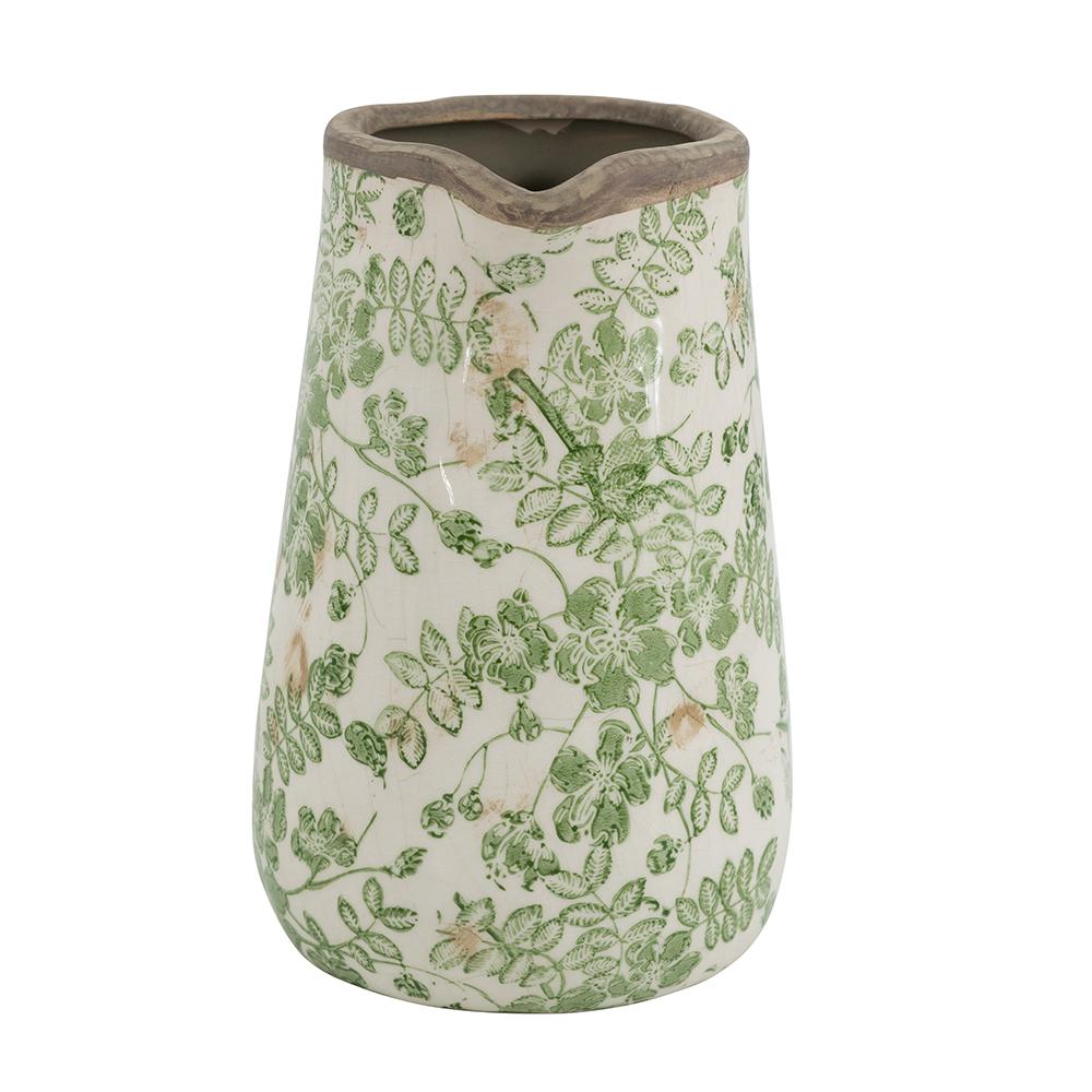 A&B Home White Ceramic Pitcher with Green Floral Motif 6.3" x 4.5" x 7.1"
