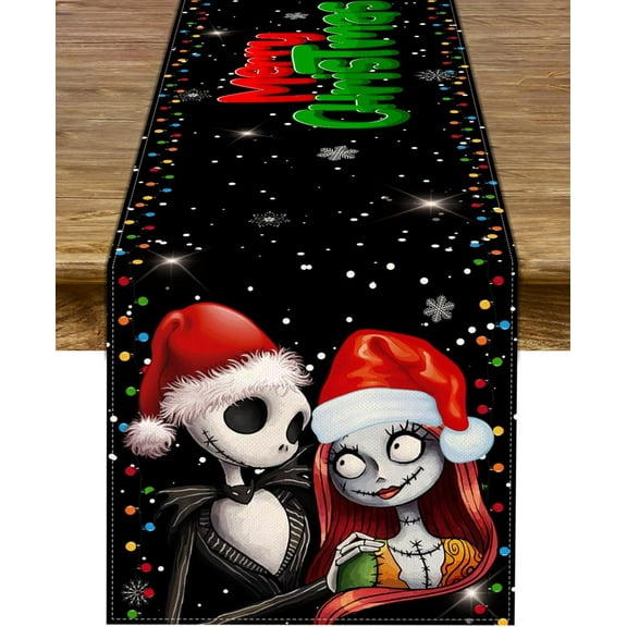 Merry Christmas Table Runner Jack Skellington and Sally Birthday Party Decoration Home Kitchen Dining Room Deocr (Black, 13" x 72")
