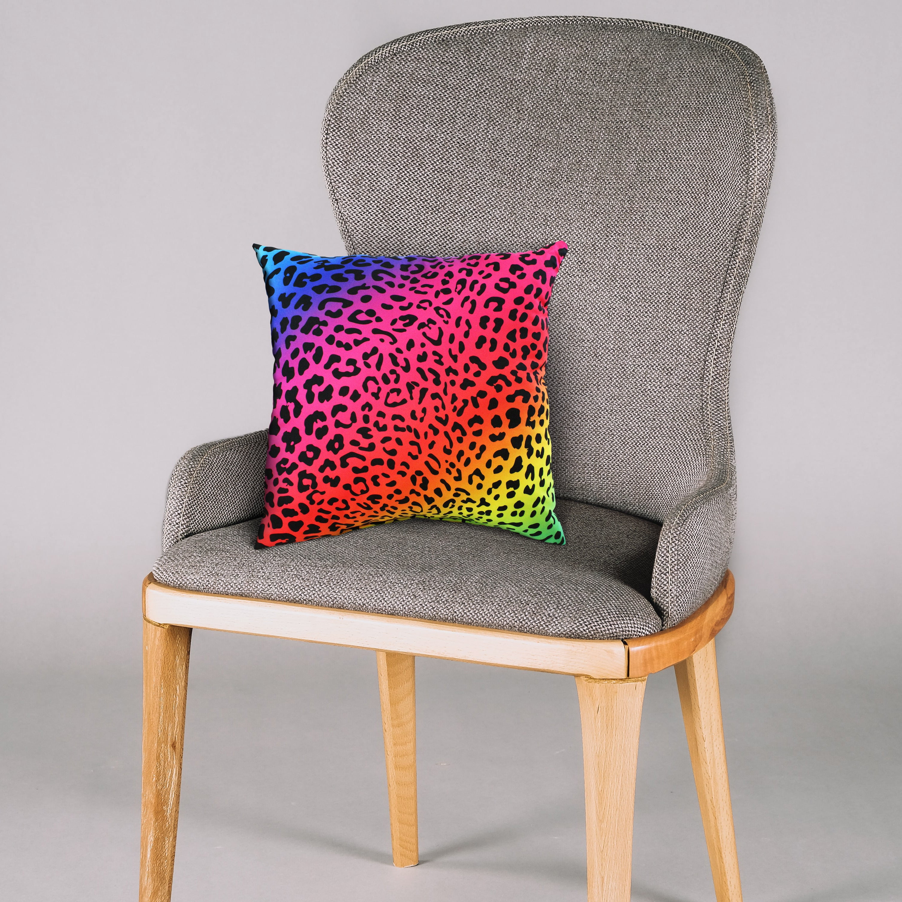 Everything Comfy Leopard Print Decorative Throw Pillow, 16x16 Inch, Rainbow Gradient/Black,