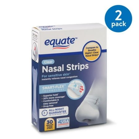 (2 Pack) Equate Smart-Flex Medium Strength Clear Nasal Strips, 30