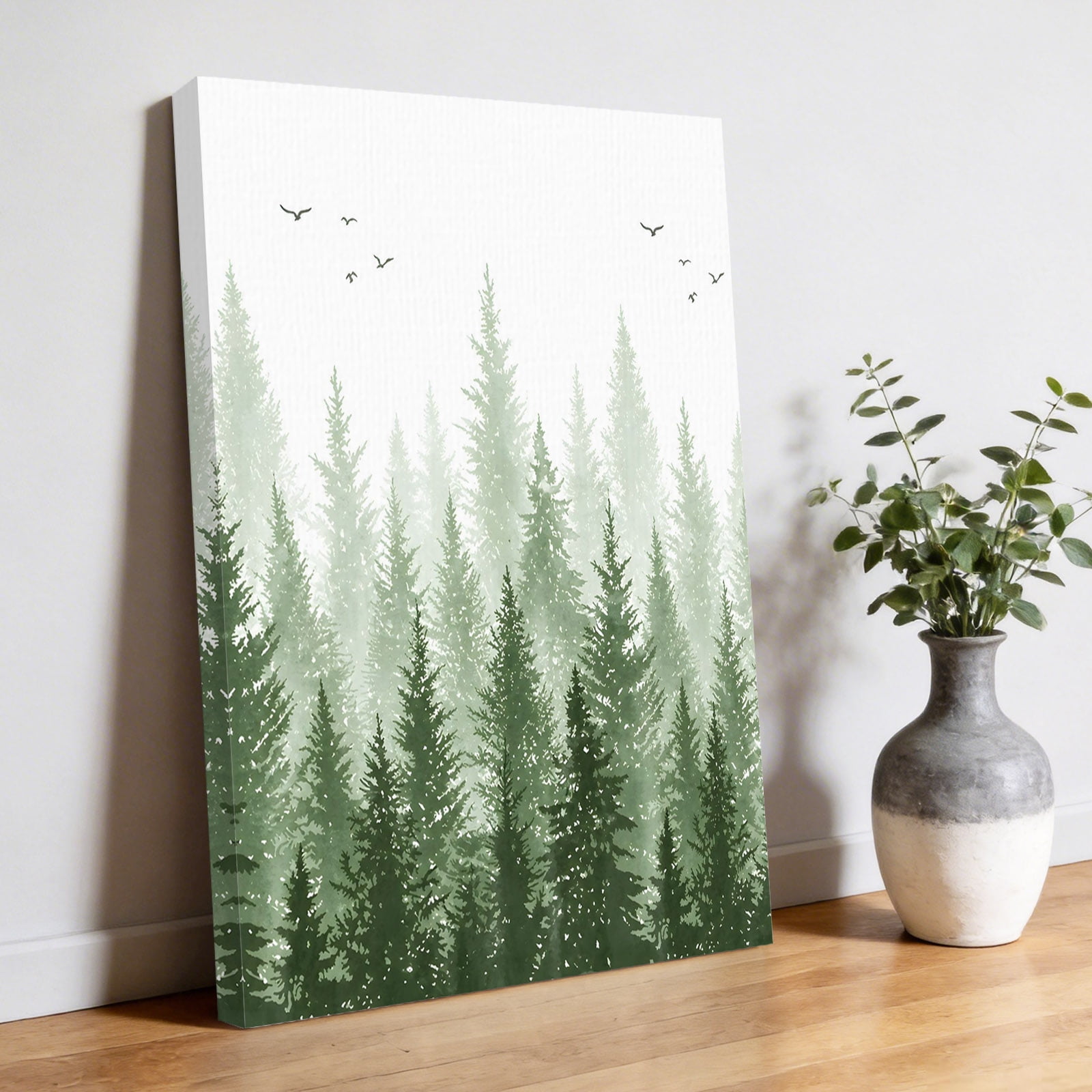 Pine Trees Forest Canvas Wall Art Dark Green Ombre Watercolor Nature Landscape Pictures Wall Decor Wooden Framed Artwork Art Prints for Living Room Hallway Bedroom Office 16 x24
