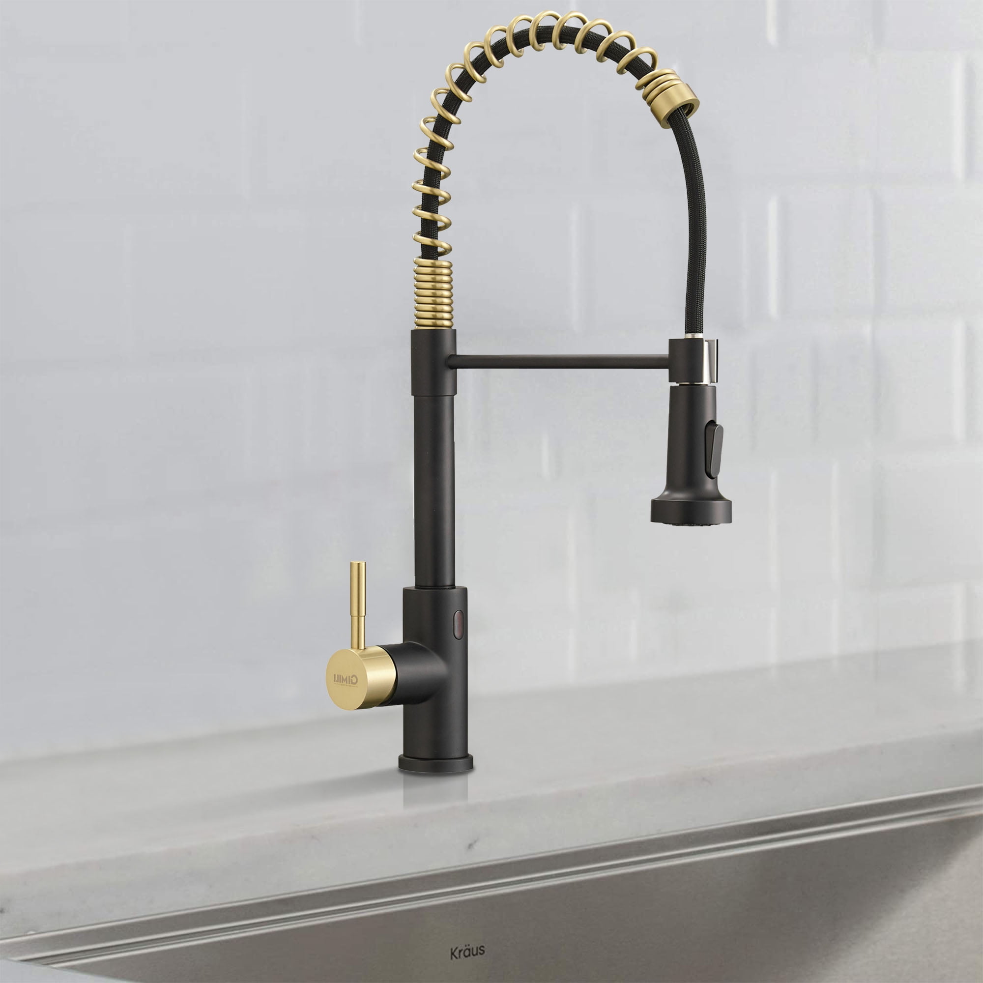 ANGELES HOME Touchless Kitchen Faucet with Pull Down Sprayer, Motion Sensor Smart Hands-Free Activated Single Hole Spring Faucet for Kitchen Sink, Matte Black&Brushed Gold