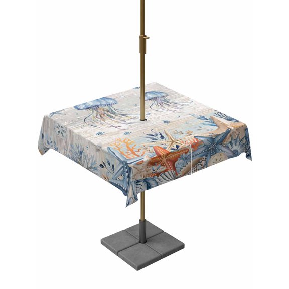 Outdoor Tablecloth with Umbrella Hole for Patio/Picnic/Party/Camping, Jellyfish Coastal Waterproof Table Cloth Square Cover Washable, Summer Beach Coral Starfish Blue Grey (54"x 54")
