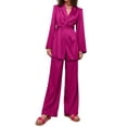 thumbnail image 2 of Sunloudy Trajes de color sólido para mujer, tops de sostén con cuello halter amarrado, abrigo de traje con cinturón de solapa de manga larga, pantalones de pierna recta Sunloudy moda, 2 of 10