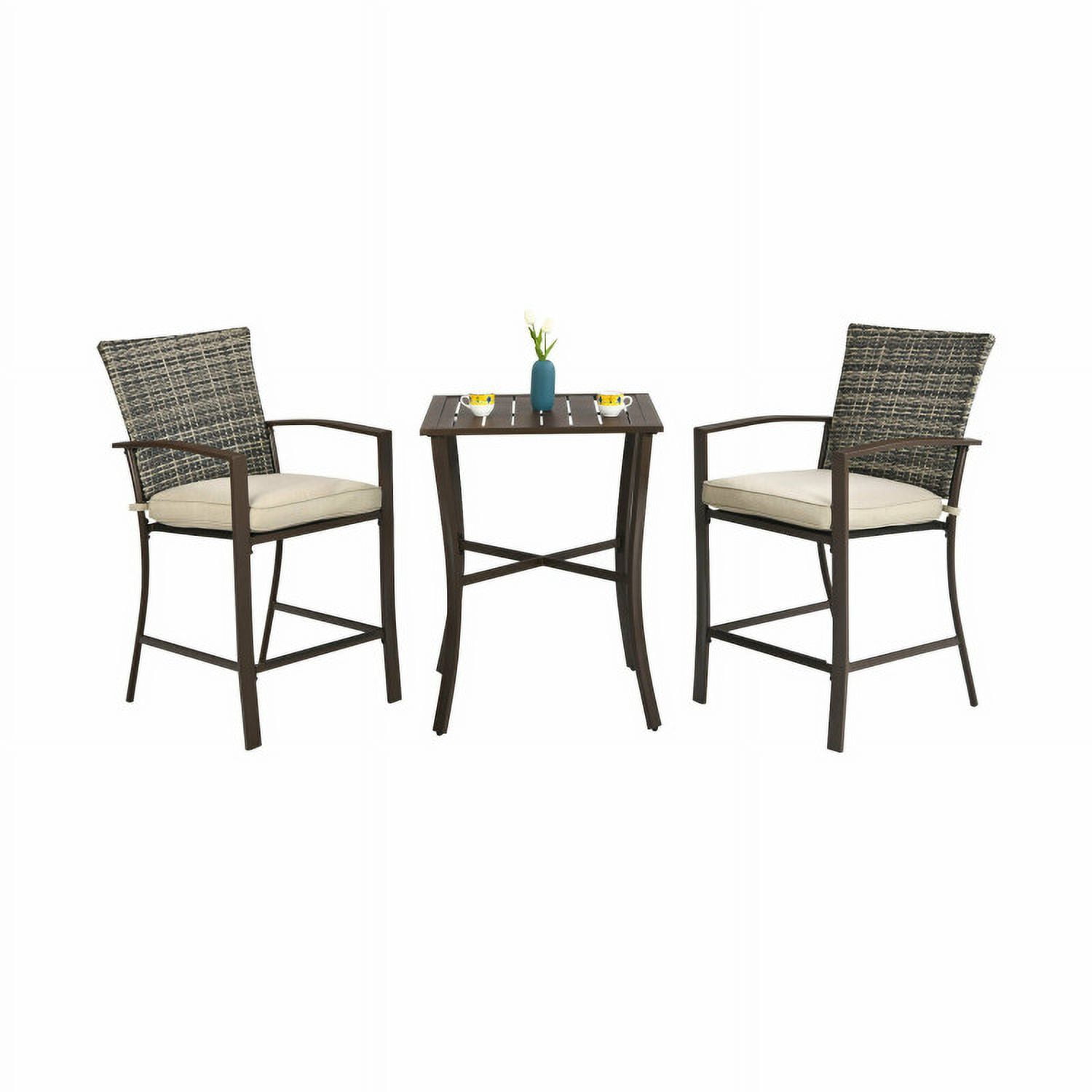 Aimee Lii 3 Pieces Rattan Bar Furniture Set with Slat Table and 2 Cushioned Stools, Outdoor Patio Furniture, Brown Aimee Lii 3 Pieces Rattan Bar Furniture Set with Slat Table and 2 Cushioned Stools, Outdoor Patio Furniture, Brown