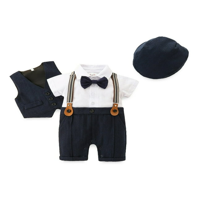 Barboteuse Gentleman pour Bébé Garçon à Manches Courtes Combinaison Smoking une-Pièce avec Chapeau Nœud Papillon