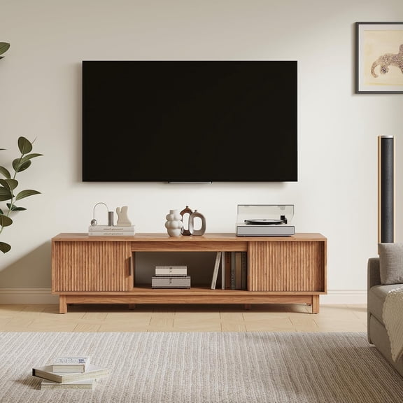 58 Inch Mid Modern TV Stand with Storage Cabinets and Management for Living Room Bedroom Office