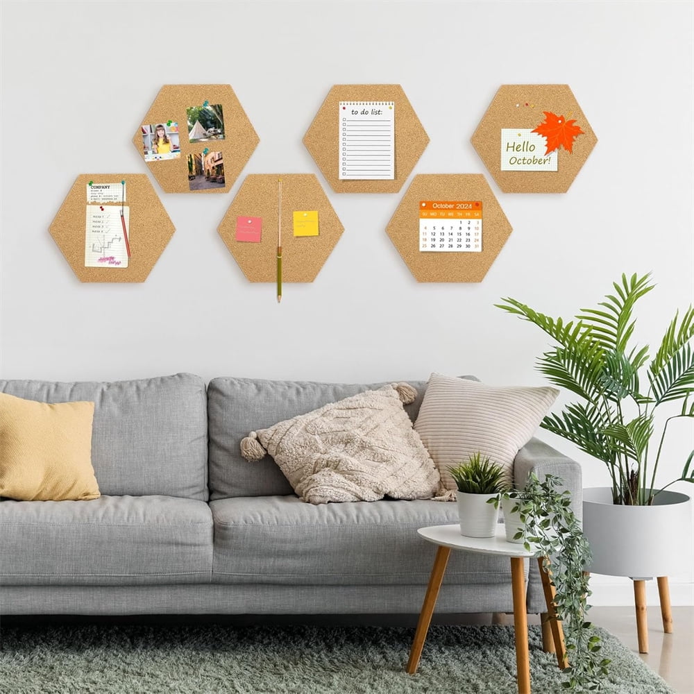 NOGIS Hexagon Cork Board Tiles Self Adhesive 6 Pack Small Corkboards for Wall 8" x 7"- 1/2" Thick Memo Boards -40 Push Pins Decorative Bulletin Board for Office