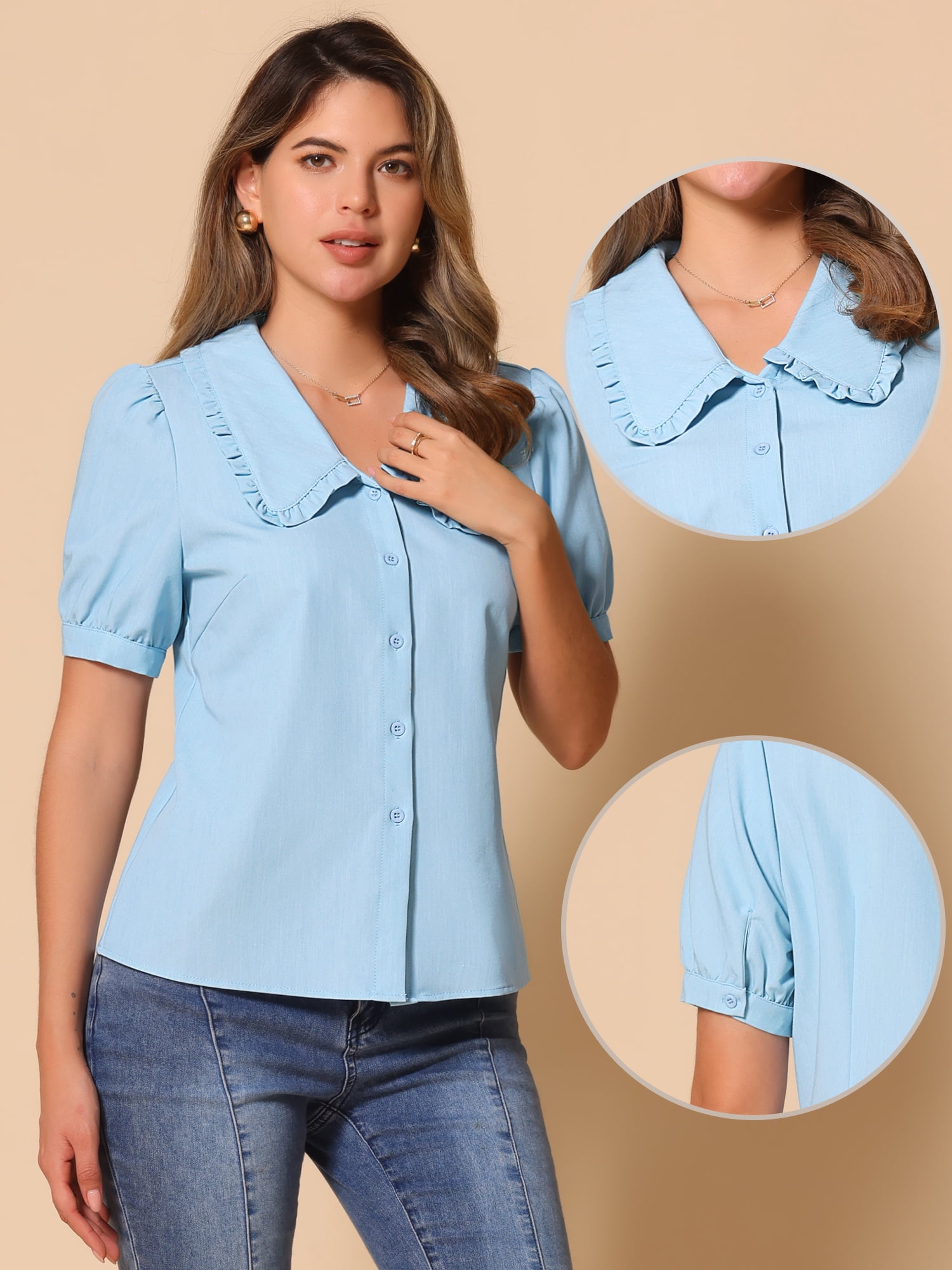 DARING DIVA Women's Peter Pan Collar Puff Sleeve Denim Blouse M Beau Blue