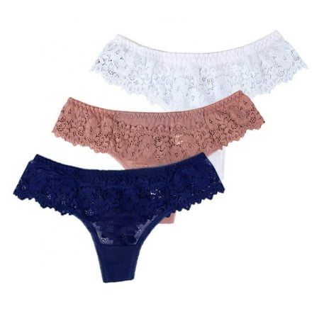 

3-Pack Women See-through Lace Thongs Panties Mesh Hollow-out Underwear T-back Briefs Embroidery Floral Intimates