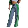 thumbnail image 2 of Women'S Patchwork High Waist Wide Leg Jeans Color Block Denim Straight Leg Trendy Trousers Blue Denim & Green XL, 2 of 7