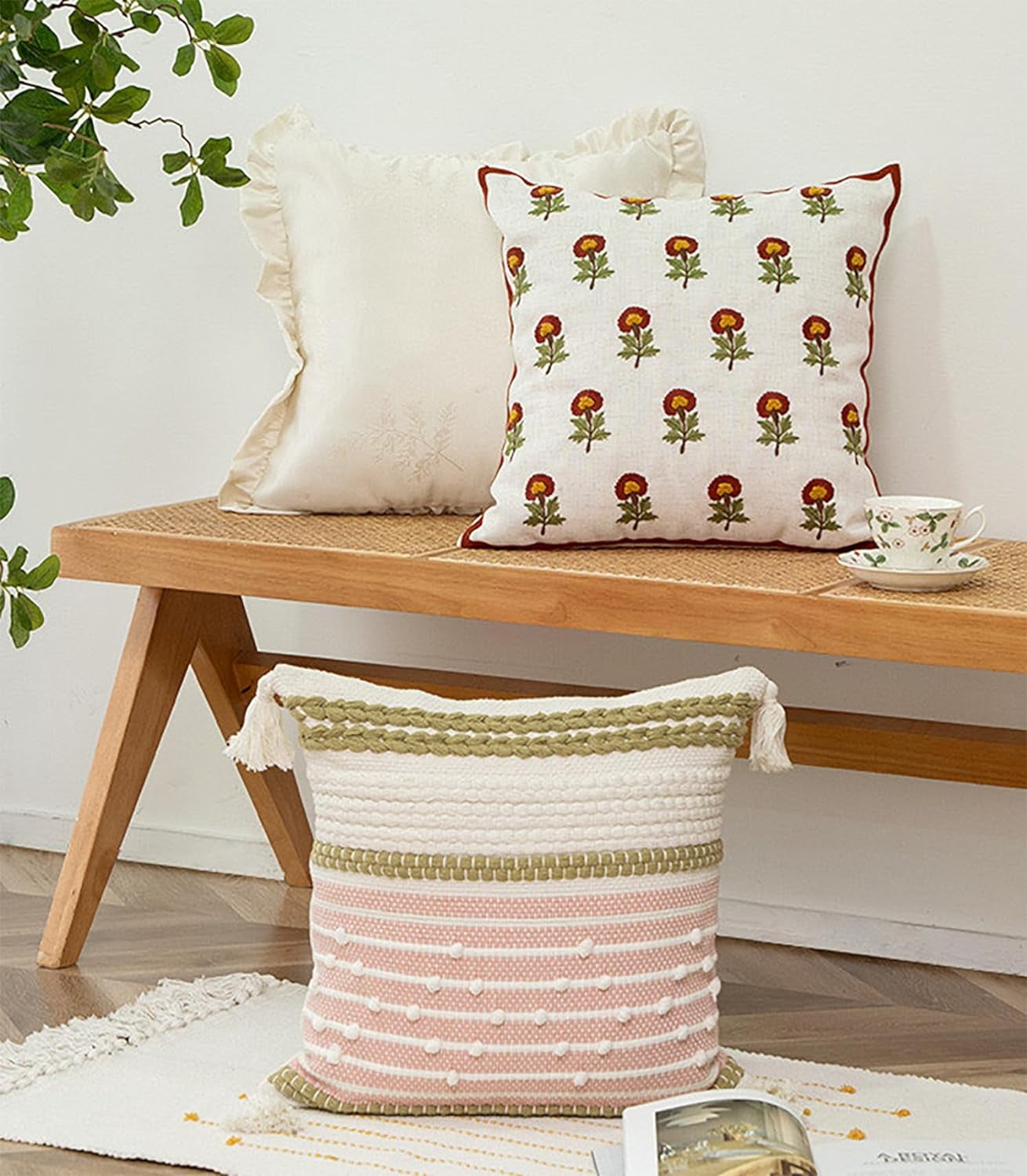 Fennco Styles Embroidered Spring Floral Decorative Throw Pillow Cover 18" W x 18" L - Red Flower Woven Cushion Case for Home, Couch, Living Room, Bedroom, Office and Holiday Décor