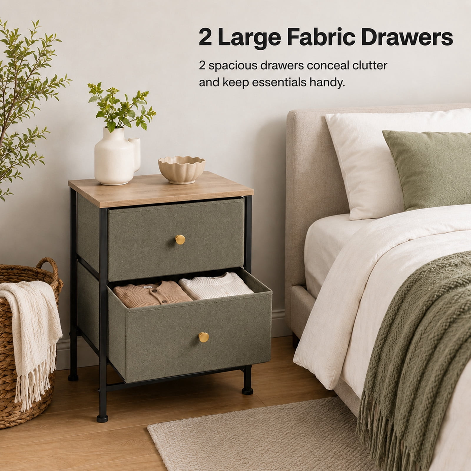Alvantor Nightstand with 2 Storage Drawers, Small Bedside Table, Small Dresser with Sturdy Wooden Top for Daily Essentials, Compact Nightstand for Bedroom and Small Spaces
