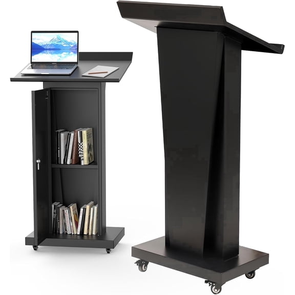 BERPET Heavy Duty Reinforced Metal Podium Stand with Wheels, 50.4" Tall Rolling Lectern with Locking Casters, Stable Presentation Podium for Office, Church, Classroom, Conference
