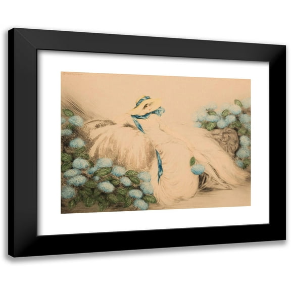 Louis Icart 14x11 Black Modern Framed Museum Art Print Titled - Lady with Blue Flowers (1935)
