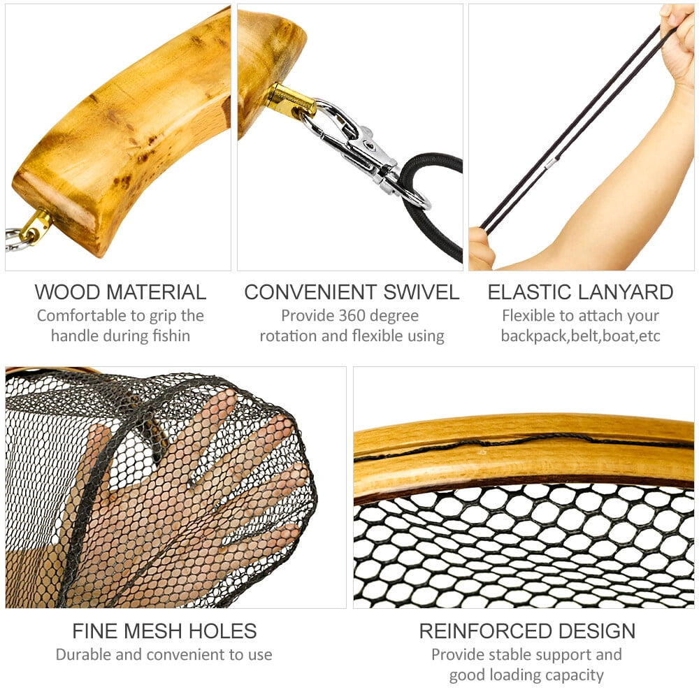 Rupoun Premium Fishing Landing Net with Elastic Lanyard Fly Fishing Catch and Release Net Mini Stream Net Durable Mesh 14.17 inches / 36 cm Length for Kayak Trout Fishing Outdoors