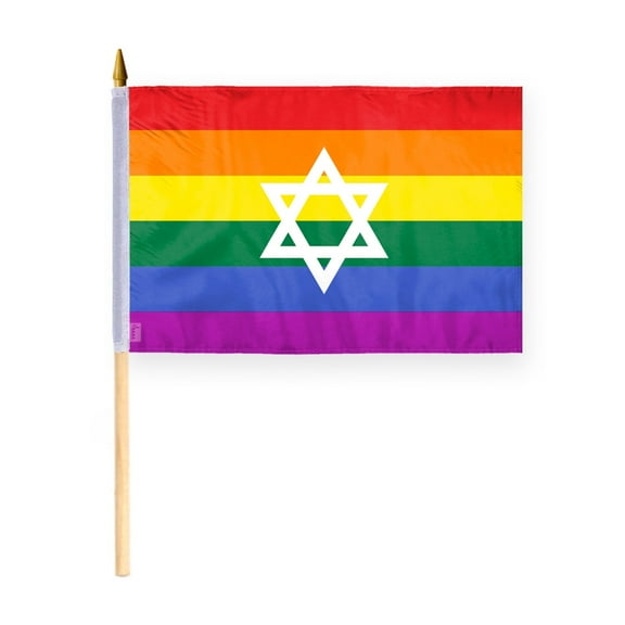AGAS Israel Rainbow Stick Flag 12x18 inch Flag on a 24 inch Wooden Flag Stick - Sewn Edges Fade Resistant Polyester - Jewish Pride Handheld Stick Flag