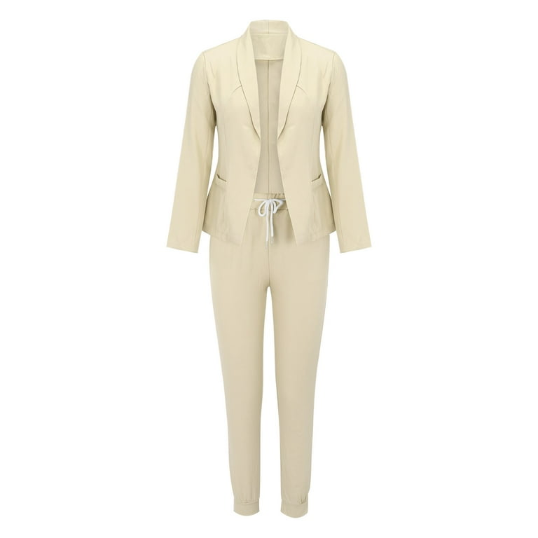  Beige Womens Pants Suits Dressy Casual 2 Piece Solid Suits Set  for Women Long Sleeve Pant Suit Set Custom Size : Clothing, Shoes & Jewelry