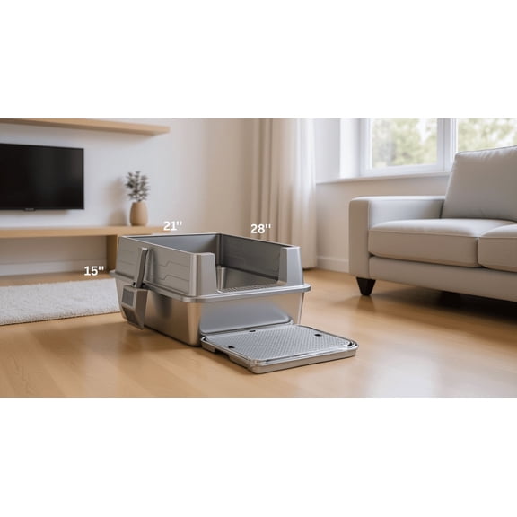 X-Large Stainless Steel Cat Litter Box Suite with Lid, Scoop & Mat – Durable, Easy-to-Clean, Anti-leak Metal Litter Box for Large Cats or Multi-Cat Homes (28" × 21" × 15")