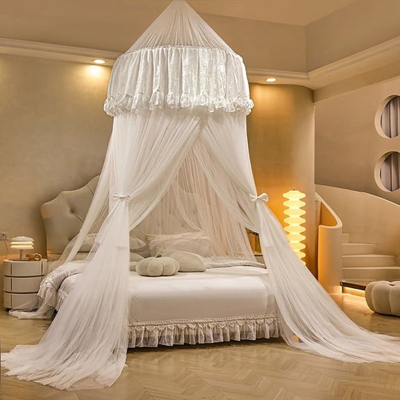Kadahis Bed Canopy for Girls & Adults, Round Dome Lace Princess Canopies Netting, Cute Double Layer Bed Canopy Drapes for Decoration, Playing,Reading, Sleepping