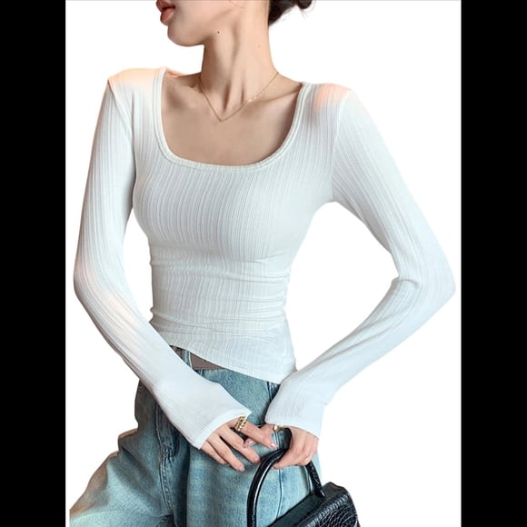 Camisetas de Larga para Mujer, Blusas de Cuello Cuadrado, Blusas Básicas de Punto Acanalado, Conjuntos de Otoño, Ropa de Moda L