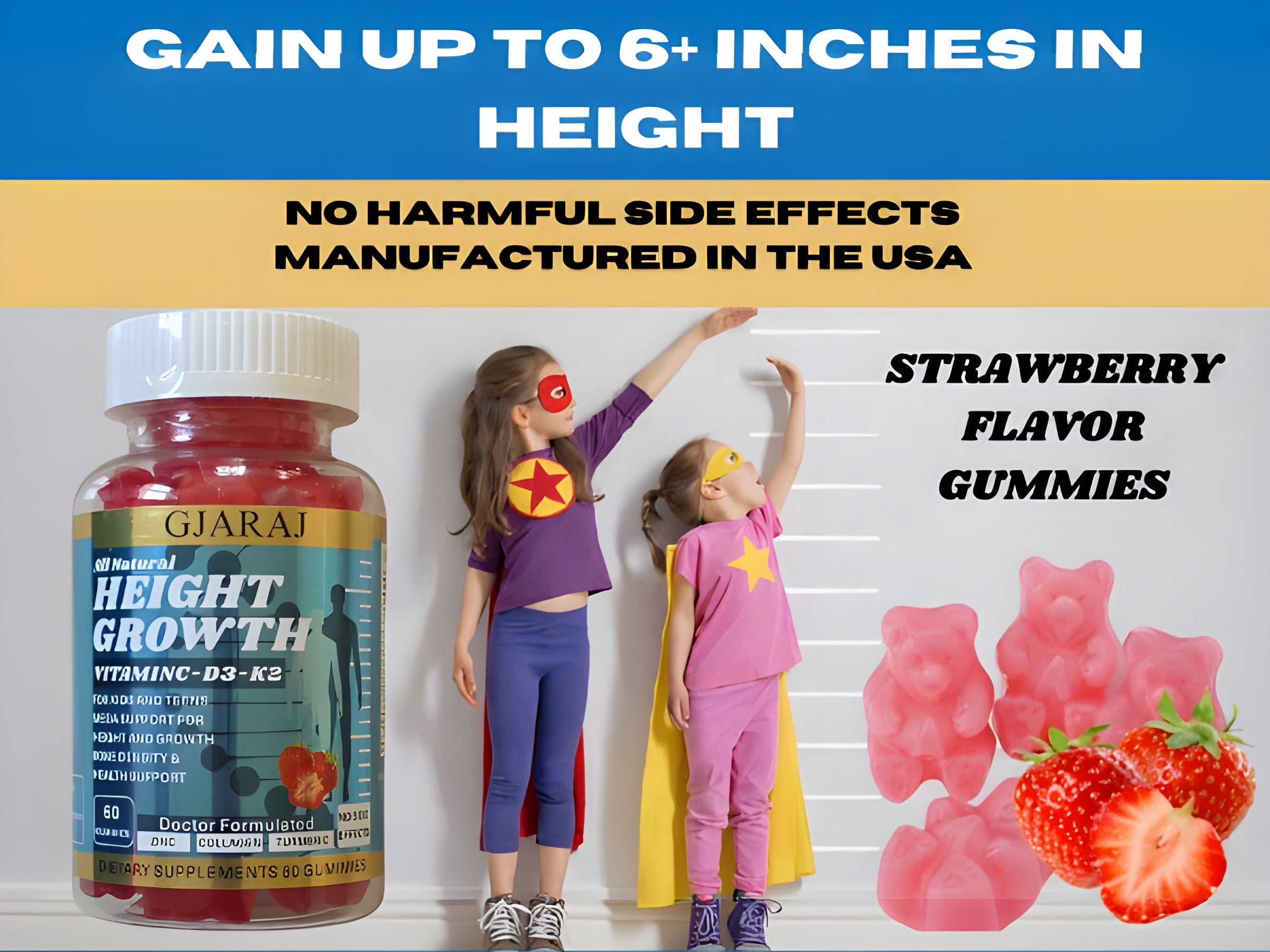 GJARAJ Height Growth Maximizer Natural Vitamins for Bone Growth (Strawberry Flavored Gummies) MADE IN USA