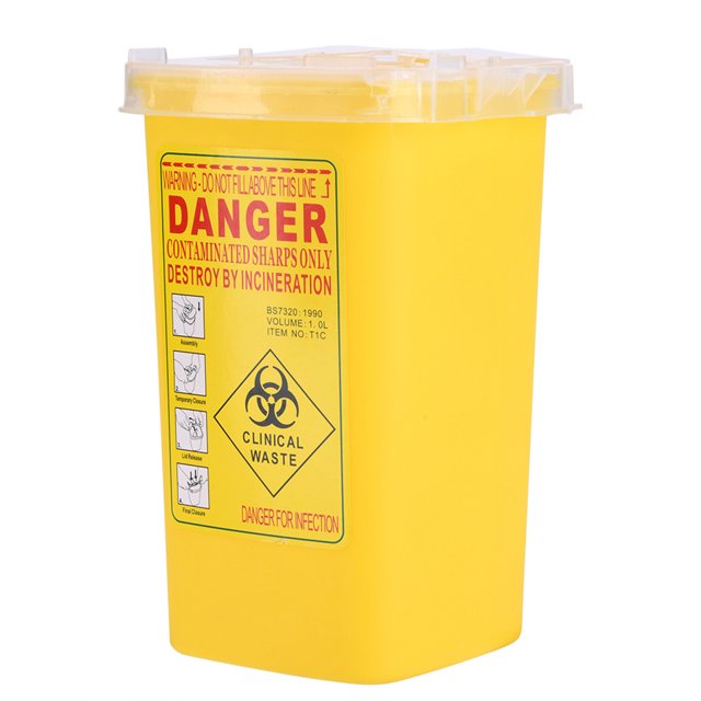 Tattoo Medical Plastic Sharps Container Biohazard Needle Disposal 1L Size Waste Box Yellow