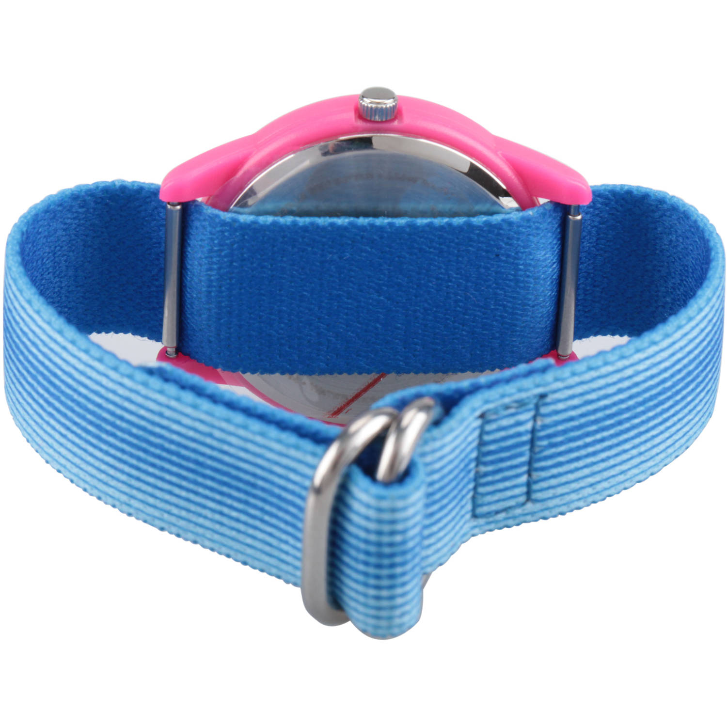 Frozen Elsa and Anna Girls' Pink Plastic Time Teacher Watch, Blue Stripe Stretchy Nylon Strap - image 2 of 6