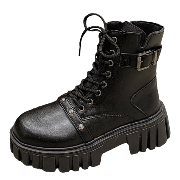 NECHOLOGY Zapatos Botines de mujer Nuevas botas de mujer con hebilla de cuero con cordones y parte inferior gruesa botas Matsutake pantalones cortos para motocicleta con cabeza redonda (Black 8)
