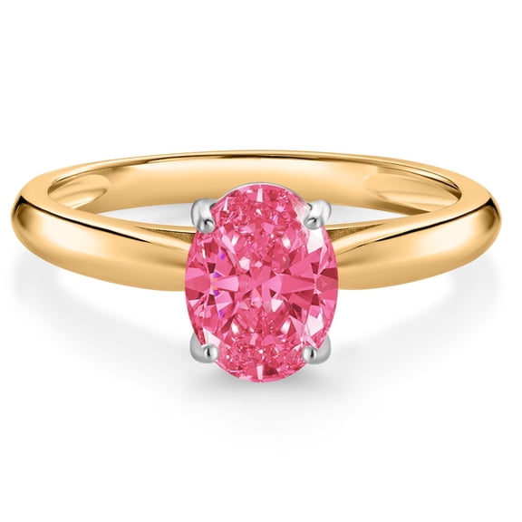 Gem Stone King 10K Yellow and White Gold Fancy Pink Zirconia Solitaire Engagement Ring for Women (1.21 Cttw, Oval 8X6MM, Gemstone Birthstone, Size 7)