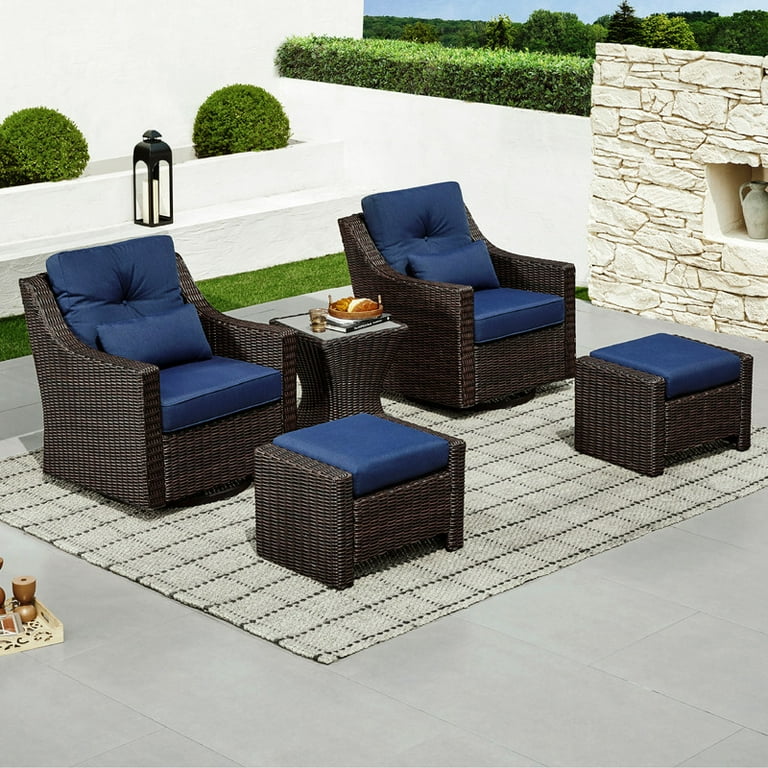 CHITA Outdoor Chestnut Wicker Swivel Glider Chair and Ottoman with Cushion Blue