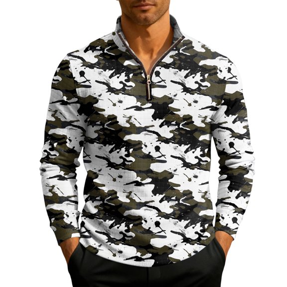 QHRMKOG Men's Sweatshirt Warm Camouflage Print Half Zip Pullover Relaxed Fit Sport Stand Collar Sweatshirts Spring Casual Long Sleeve Top White L