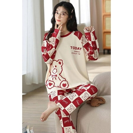

QWZNDZGR Autumn 100% Cotton Pajama Sets Women Pyjamas Cartoon Plaid Sleepwear Loungewear Pijama Mujer 2XL Night suits Homewear Fashion