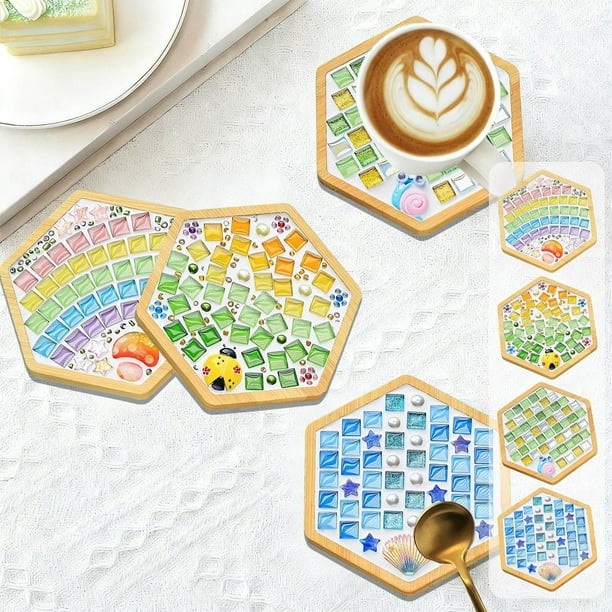 Kit de posavasos de mosaico DIY para principiantes - Juego completo de azulejos de madera con colores variados, pegamento y herramientas para manualidades infantiles y regalos para aliviar el estrés