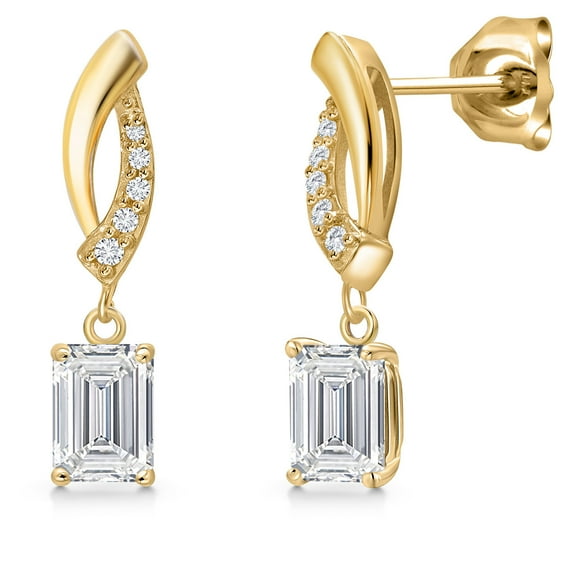 Gem Stone King 10K Yellow Gold Lab Grown Diamond Stud Dangle Earrings for Women | 1.35 Cttw | Gemstone April Birthstone | Emerald Cut 6X4MM | DEF Color | VVS-VS Clarity