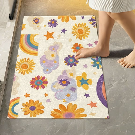 Yayeee Bath Rug for Bathroom Floor Non Slip Rectangle Fluffy Soft Absorbent Mat, 16"x24", Beige Retro Rainbow