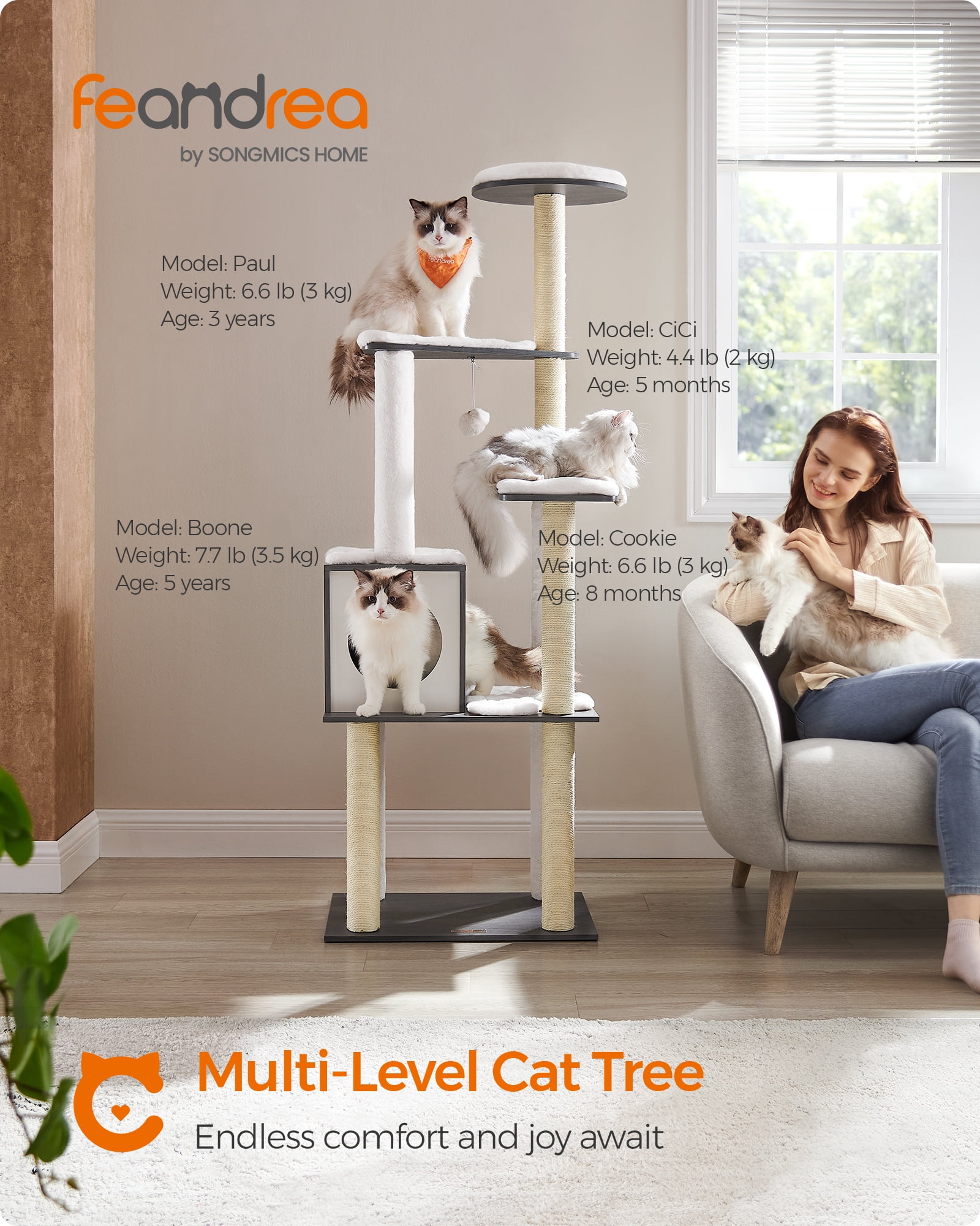 WoodyWonders Cat Tree, 65-Inch Modern Cat Tower for Indoor Cats, Multi-Level Cat Condo with Scratching Posts, Cat Furniture, Gray