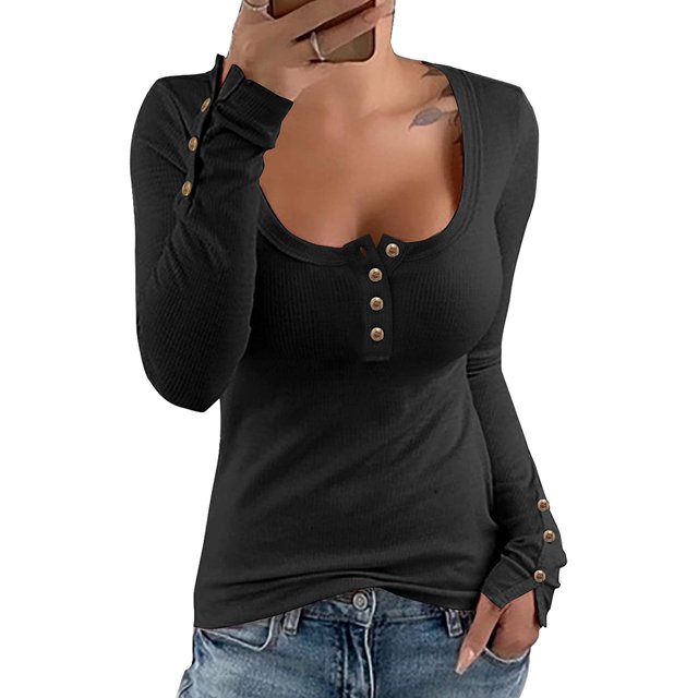 Womens Casual V Neck Button Down Blouses Long Sleeve Solid Color Slim Fit Knit Tunic Tops