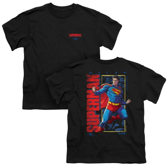 Popfunk Superman (2025) Comic Strip Pose Front Back Kids T Shirt for Youth Boys and Girls, Black, Medium