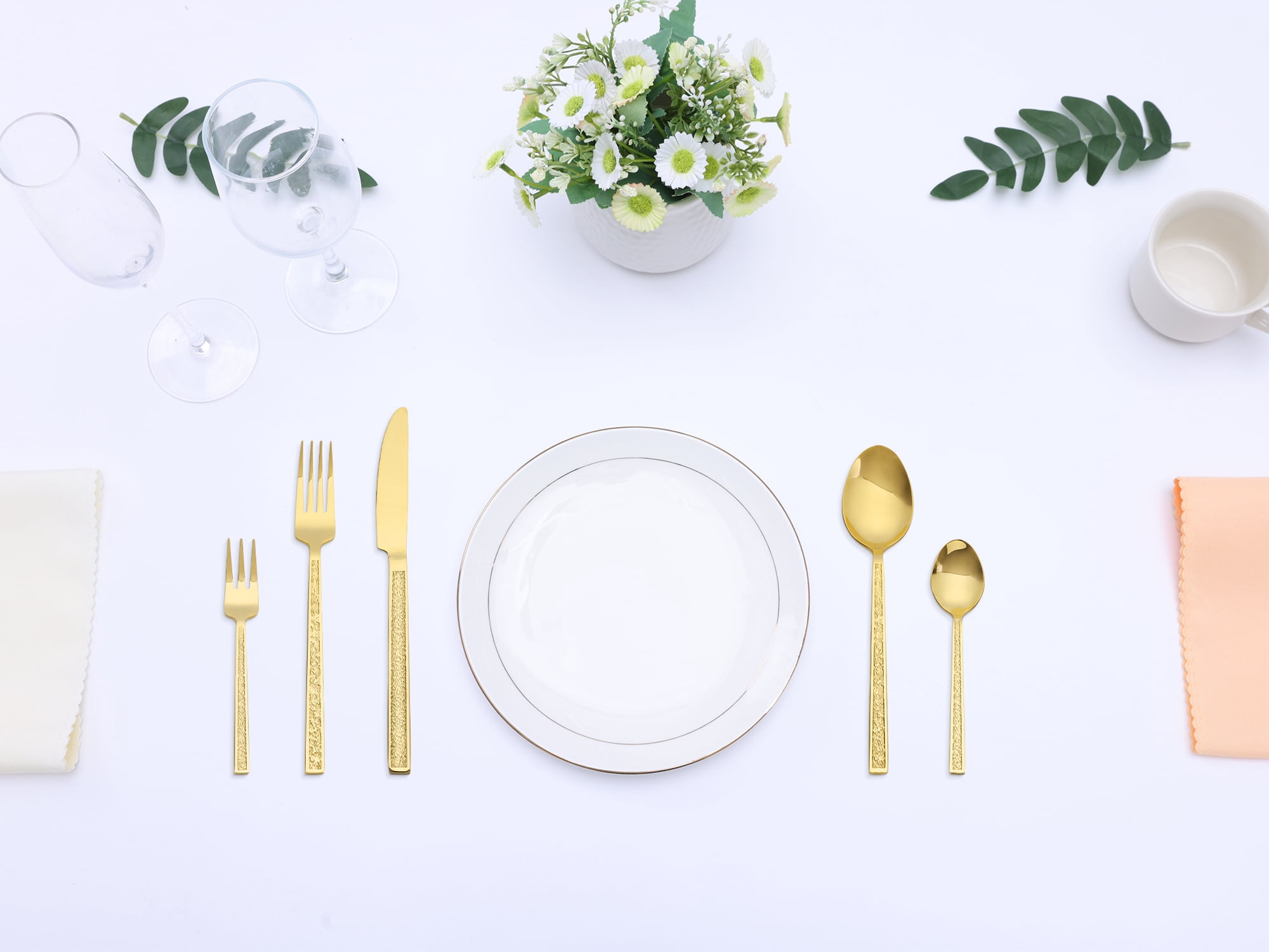 Unique Bargains 20 Pieces Stainless Steel with Texture Flatware Set for 4 Gold