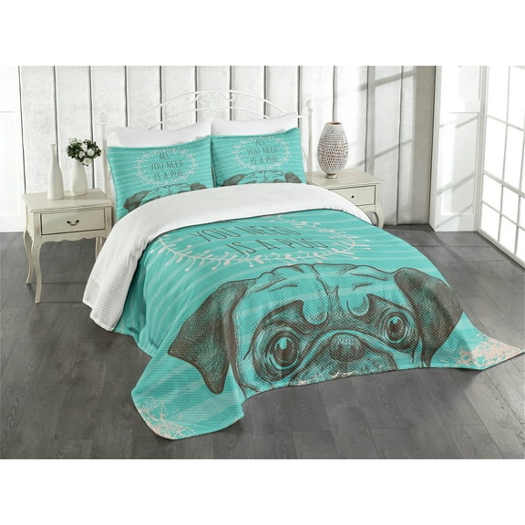Ambesonne Pug Quilted Bedspread Set 3 Pcs, Fun Animal Dog Words, King Size, Sea Green Brown