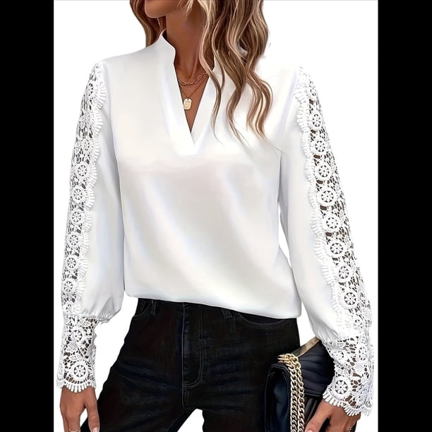 Blusa Elegante de Encaje con Cuello en V para Mujer, Larga, con Ojales, Estilo Floral para Fiestas. S
