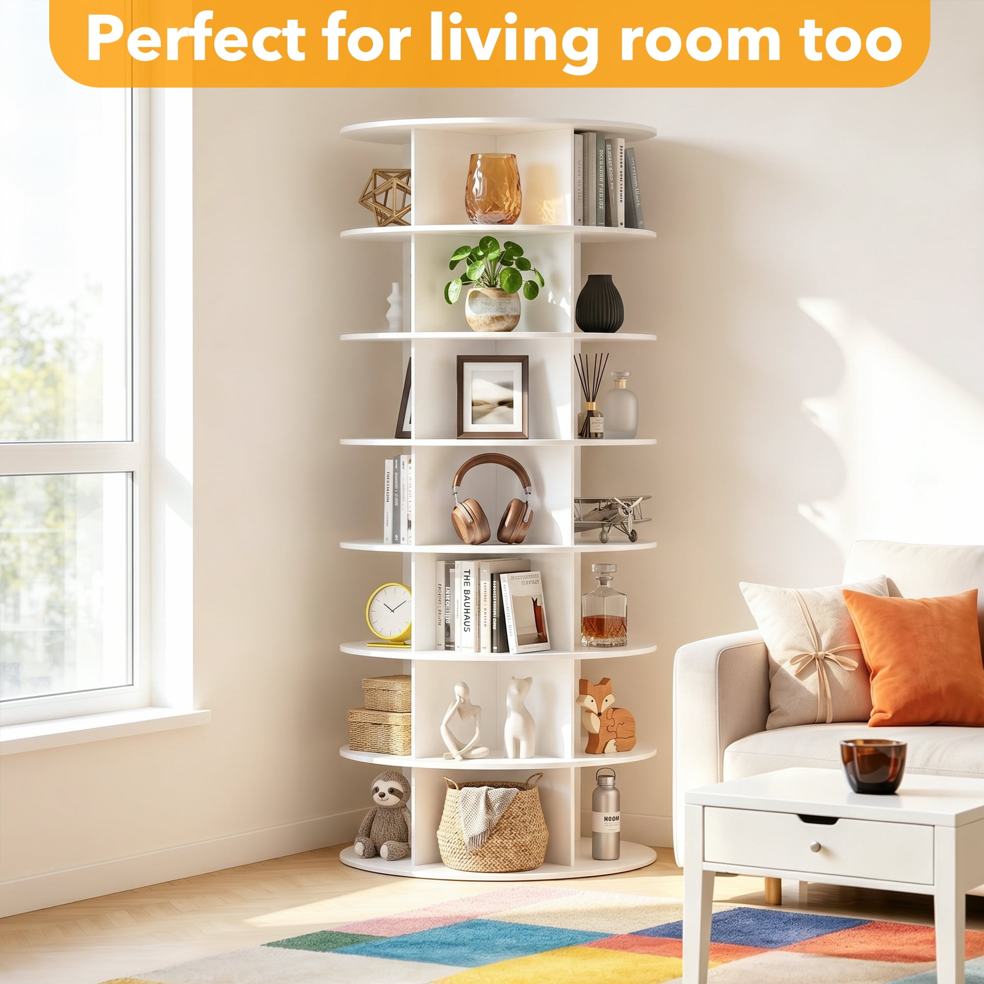 Tacwily 7-Tier Rotating Shoe Rack, 360° Spinning Shoe Organizer for Closet, Holds 28-35 Pairs, White, 63" High