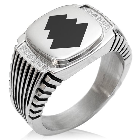 Stainless Steel Ogasawara Samurai Crest CZ Ribbed Needle Stripe Pattern Biker Style Polished Ring