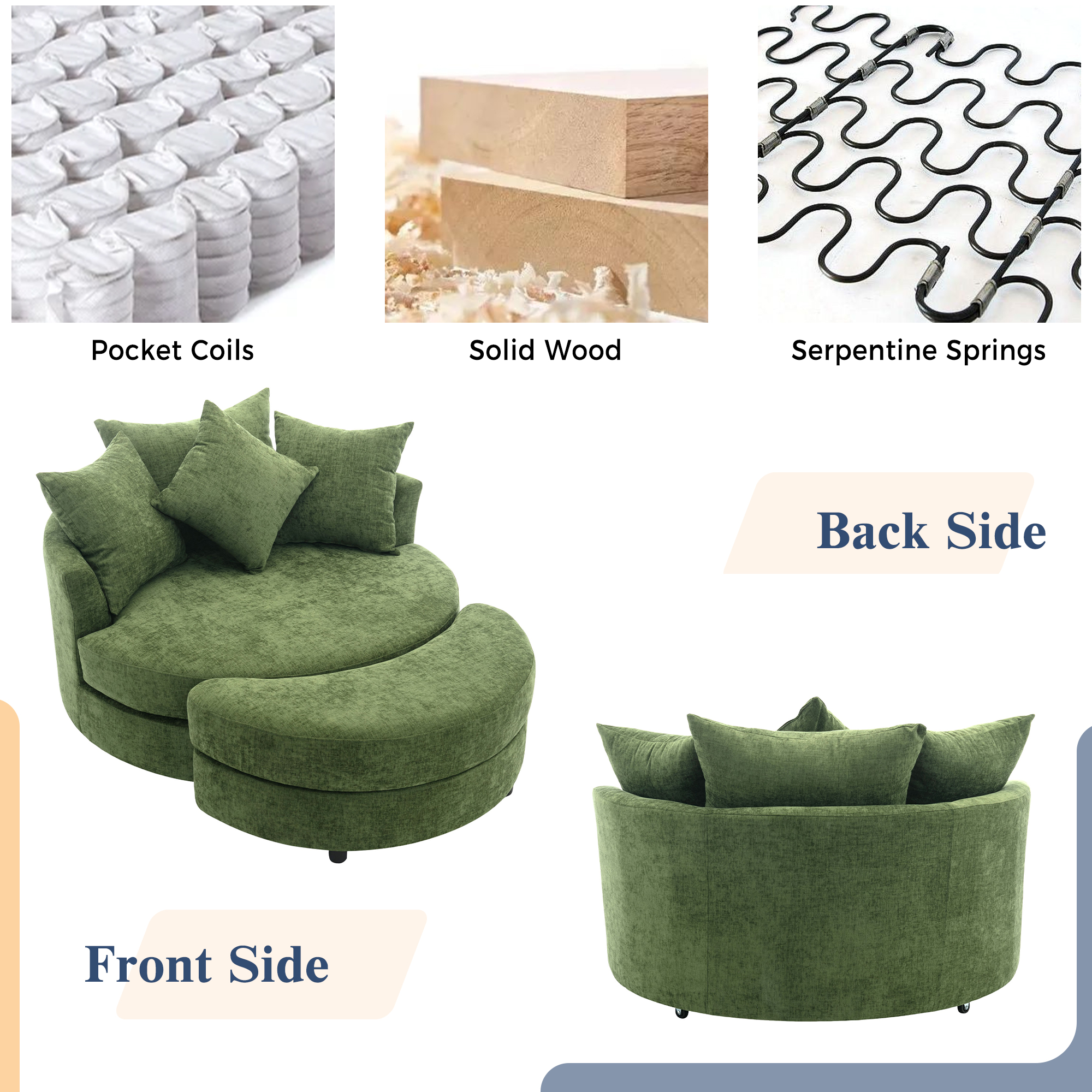 Euroco 360° Swivel Barrel Chair with Storage Ottoman and 4 Movable Pillows, Upholstered Linen Accent Chair with Ergonomic Backrest, Metal Base