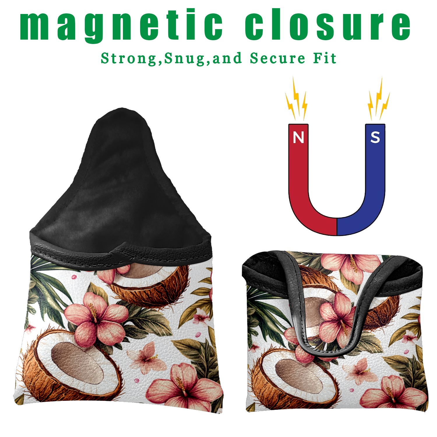 Golf Mallet Putter Cover Premium Leather Waterproof Golf Putter Head Cover with Magnetic Closure Coconut Flowers