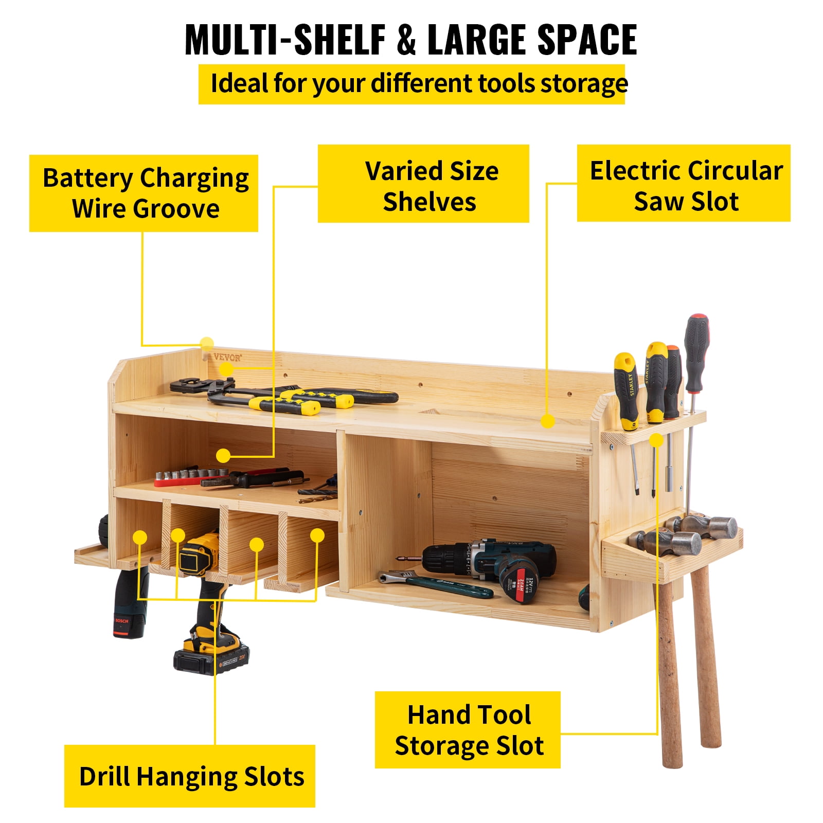 VEVOR Power Tool Organizer, 4 Slot, 3 Layers, Cordless Drill Holder Wall Mount, Battery Charging Station Storage Rack, Multi-function Garage