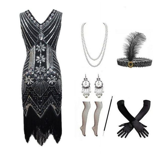 Vestido vintage de los años 20, vestido de fiesta con borlas y lentejuelas y cuentas para mujer